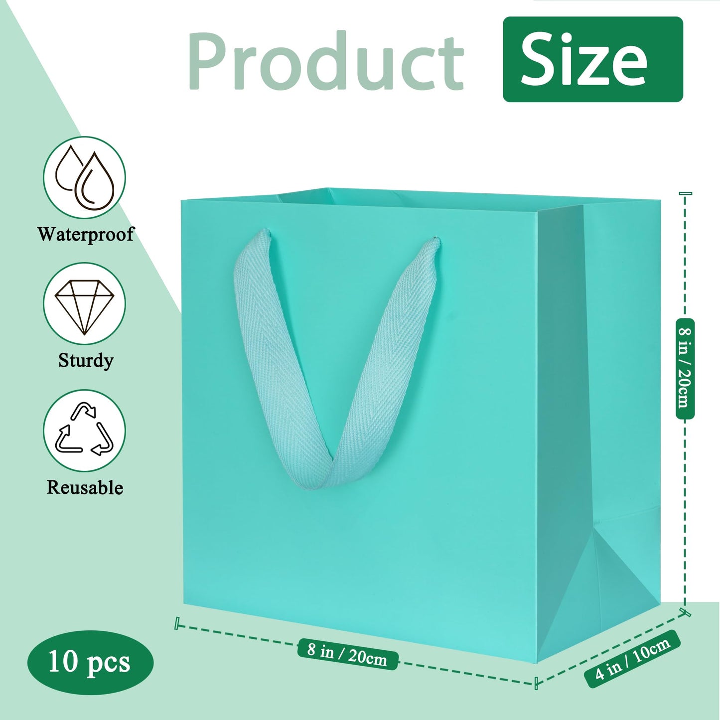 KEYYOOMY Teal Blue Gift Bags with Handles, Square Body Wide Bottom Kraft Paper Gift Bags Party Favor Bags for Wedding Birthday Christmas Shopping Business (10CT, 8x8x4 in, Teal Blue)