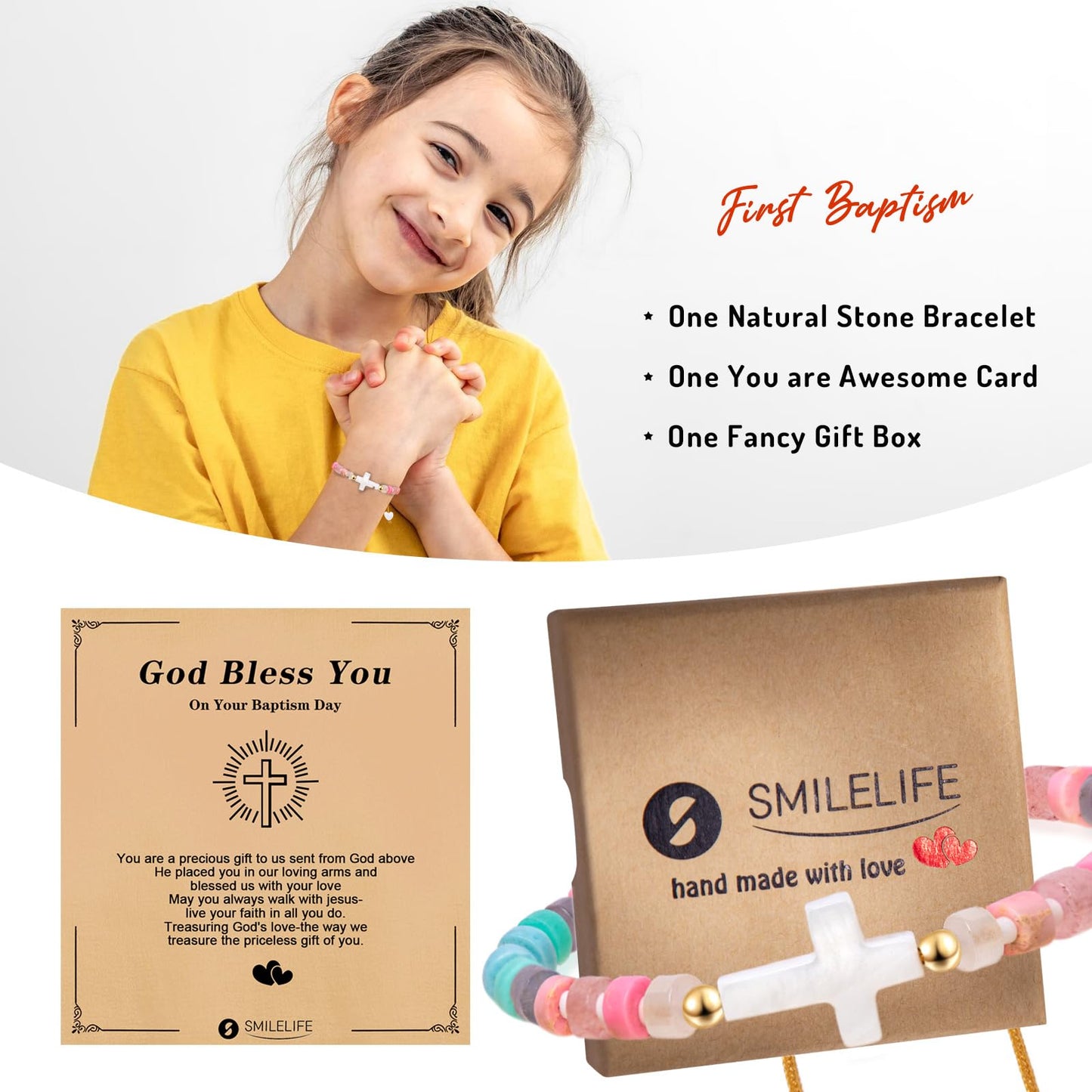 Smilelife Baptism Gift for Women, Girls and Boys - Inspirational Cross Bracelet with 'God Bless You' Card