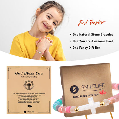 Smilelife Baptism Gift for Women, Girls and Boys - Inspirational Cross Bracelet with 'God Bless You' Card