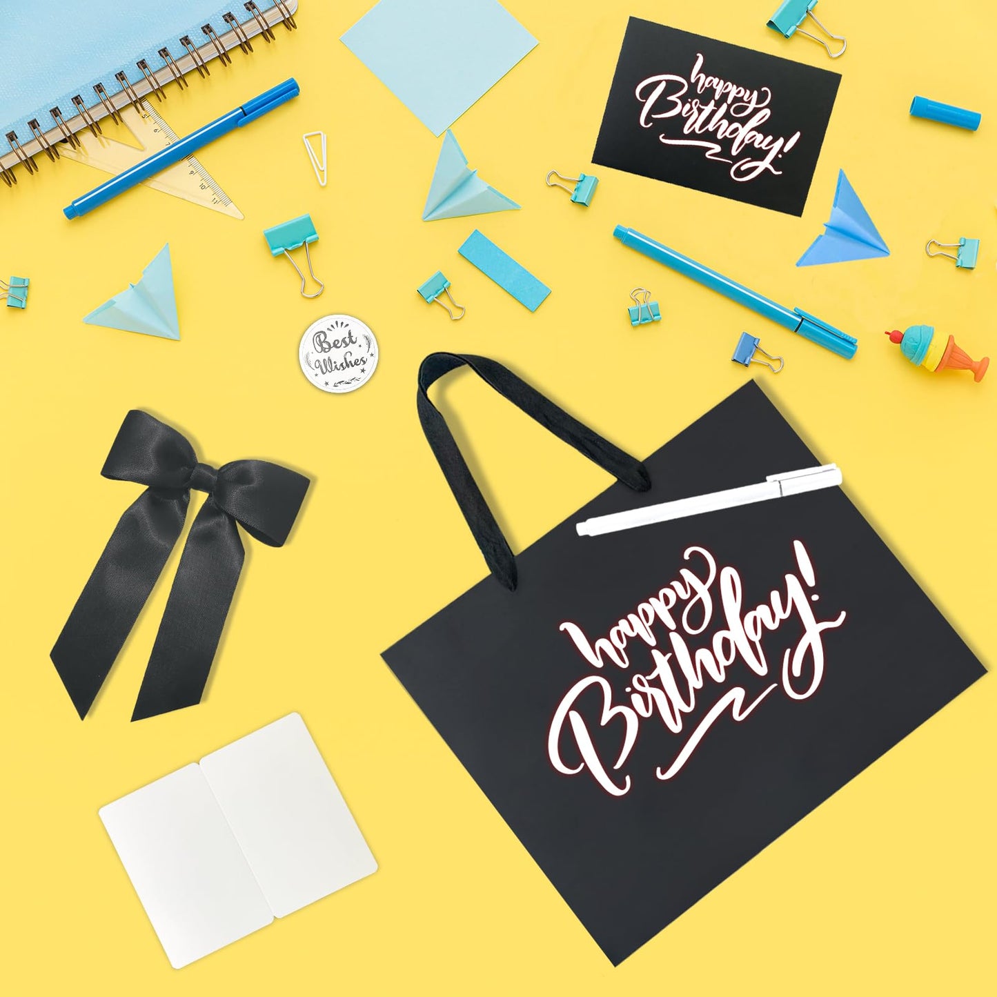 ZHIAXTON Black Gift Bags with Handles,11.8x3.9x9.8 Inch Gift Bags Medium Size with Tissue Paper,Cards and Bow,Black Gift Bag for Father's Day,Wedding Party, Anniversary,Men's Birthday