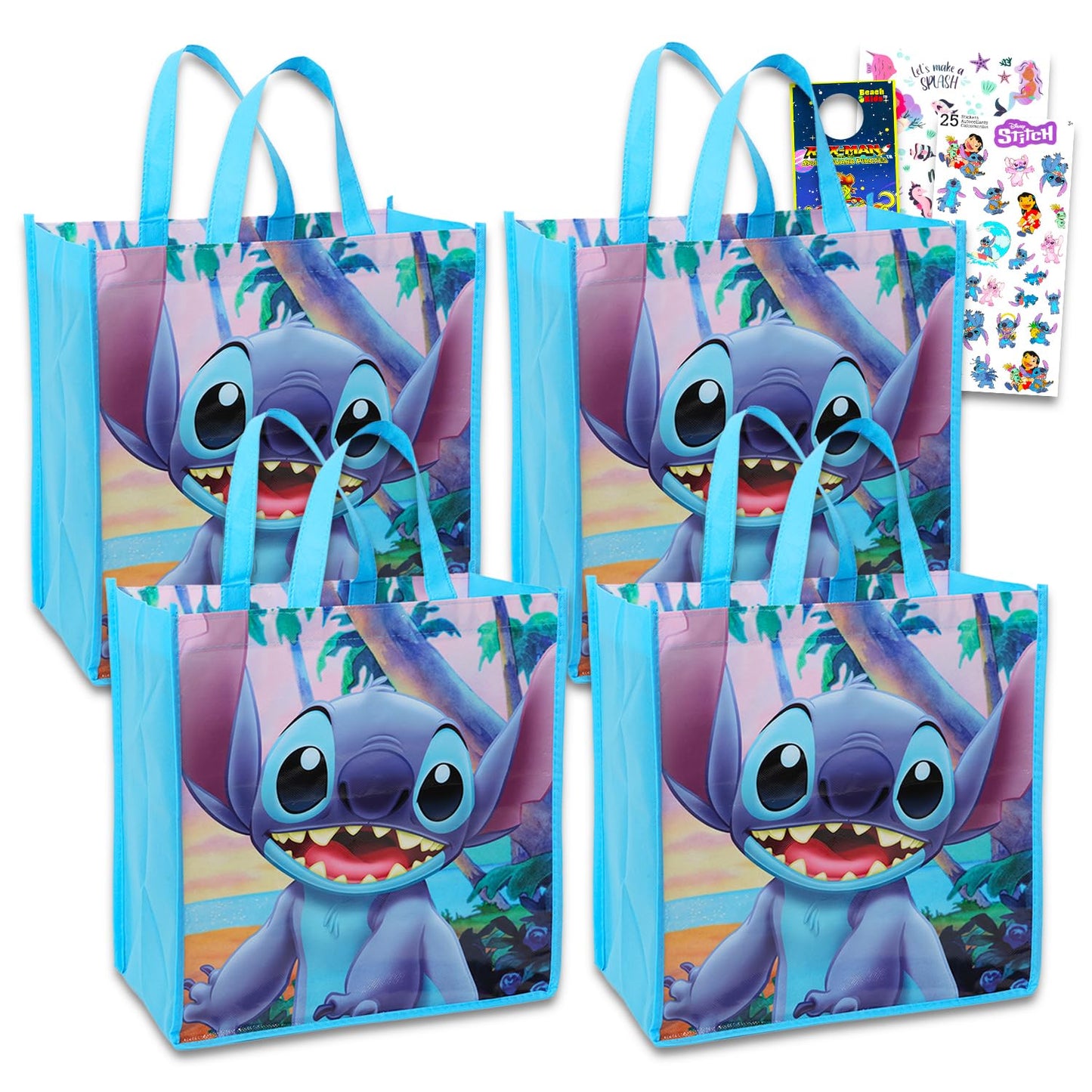 Disney Stitch Tote Bag Bundle Lilo and Stitch Accessories - 4 Pc Stitch Grocery Bag Set with Plus Stickers, Tattoos, More | Stitch Reusable Bags