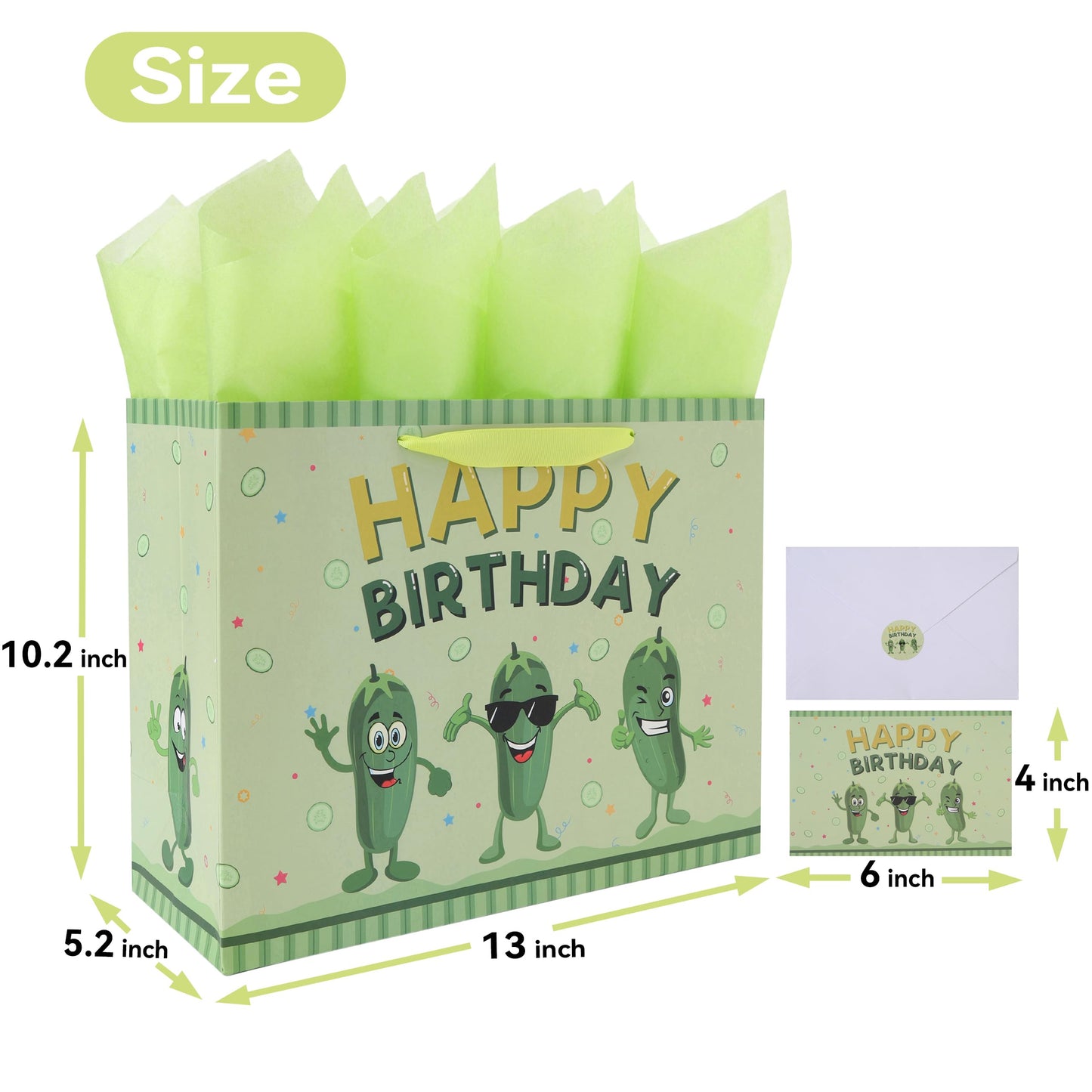 13'' Large Pickle Birthday Gift Bag Set with Handles, Greeting Card, Green Tissue Papers and Stickers for Women Boys Girls Kids Teens for Cucumber Birthday, Baby, Men, Vegetable Themed Design, 1 Pcs