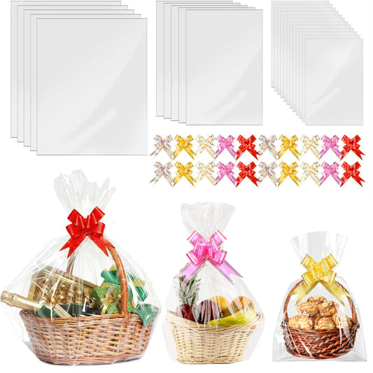 Ohuimrt 50Pcs Cellophane Bags 3 Sizes Cellophane Wrap 24x30 16x24 12x18 Inch Large Clear Plastic Bags with 50 Pull Bows for Gift Baskets Packaging
