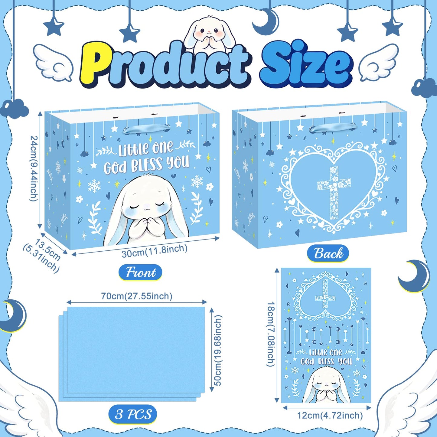 Blue Bunny Baptism Gift Bag for Baby Boys, God Bless You Religious Gift Bag with Greeting Card and Tissue Paper Christening First Holy Communion Party Supplies Boy Baptism Wrapping Paper Bag 11.8"