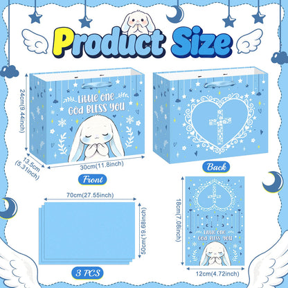 Blue Bunny Baptism Gift Bag for Baby Boys, God Bless You Religious Gift Bag with Greeting Card and Tissue Paper Christening First Holy Communion Party Supplies Boy Baptism Wrapping Paper Bag 11.8"