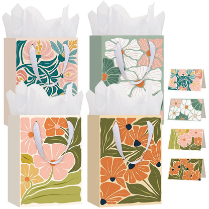 woric 10.6" Matisse Flowers Gift Bags with Tissue Paper, 4 Colors Medium Gift Bag with Greeting Cards for Mother's Day Birthdays Bridal Showers Weddings(10.6x7.87x4.7in)