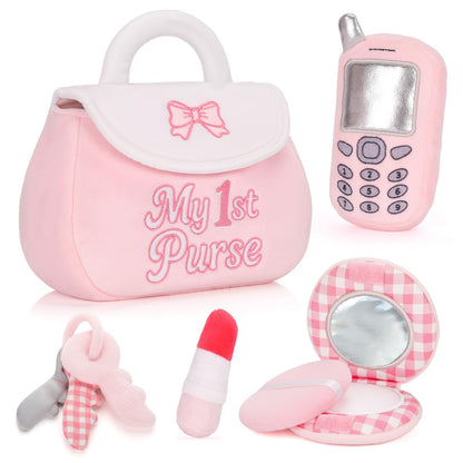 My 1st Purse Plush Toy Set – 5 PCS Sensory Toddler Purse for Little Girls Including Phone, Lipstick, Keys & Mirror, First Birthday Gift for Baby Toddler Girl Ages 1-3 (Pink)