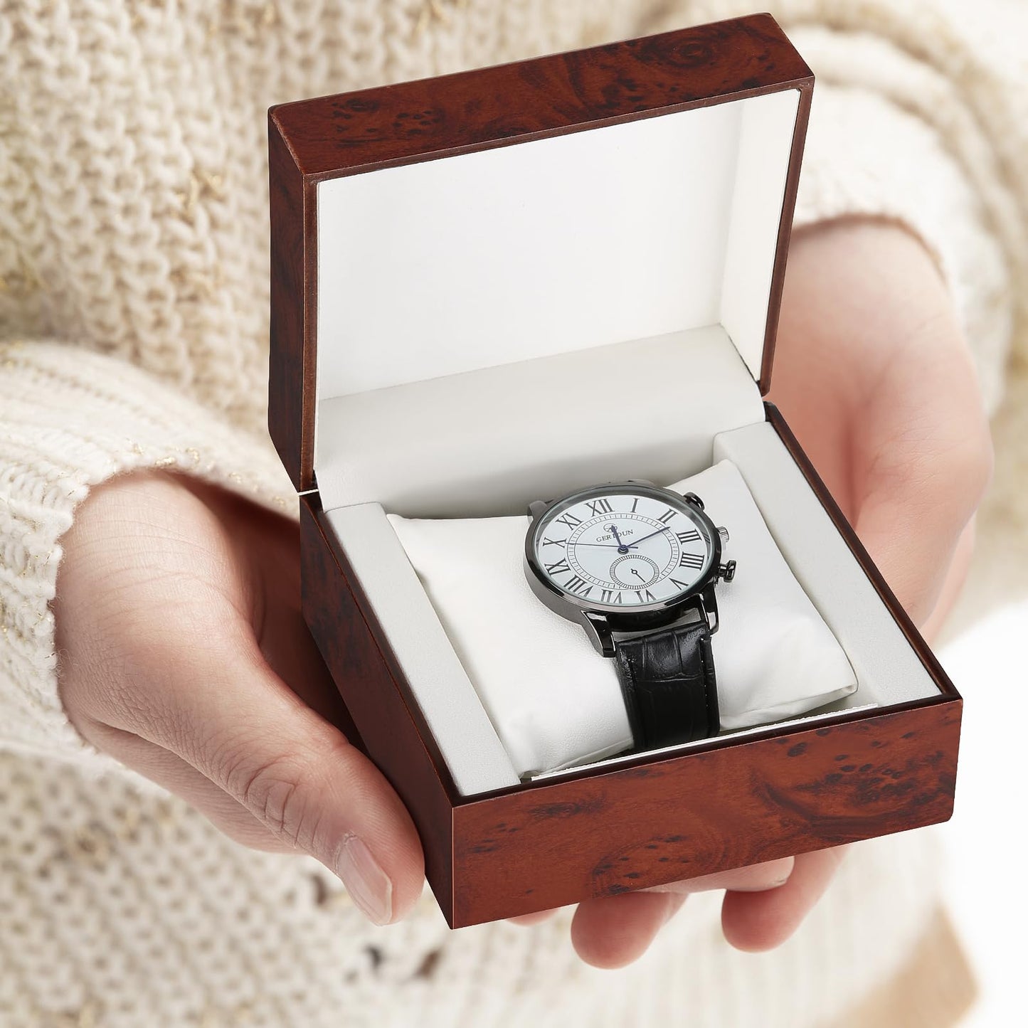 Wooden Single Watch Gift Box with Pillow, Wood Wristwatch Wrist Watch Case Storage Box for Christmas, Birthdays, Anniversary (Wood Color A)