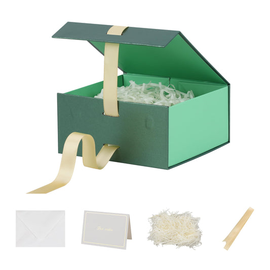 BoxSkivra Green Gift Box with Ribbon 1 Pack 6X6X3 Inch Small Gift Box with Lid Magnetic Closure Rectangle Collapsible Luxury Gift Boxes for Presents 、Shredded Paper Filler & Card