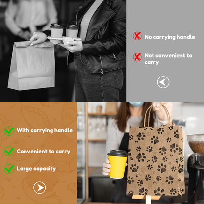 50 Pcs Large Puppy Dog Paw Print Gift Bags with Paper Handles - 10.6x8.3x4.3 Inch Kraft Dog Treat Paper Bags for Pet Treat Party Favor Birthday Gift (Brown)