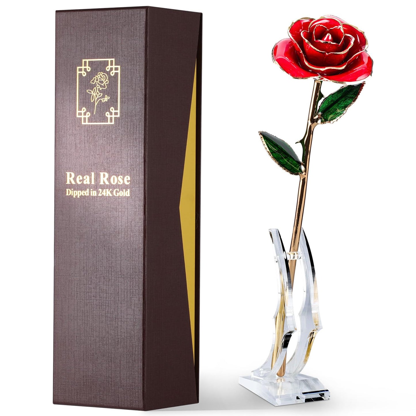 Gold Dipped Rose - Hand-Dipped Real 24K Gold Rose - Genuine One of a Kind - Eternal Romantic Present for Her - Perfect for Valentines, Mother's Day, Anniversary, Birthday (Red)
