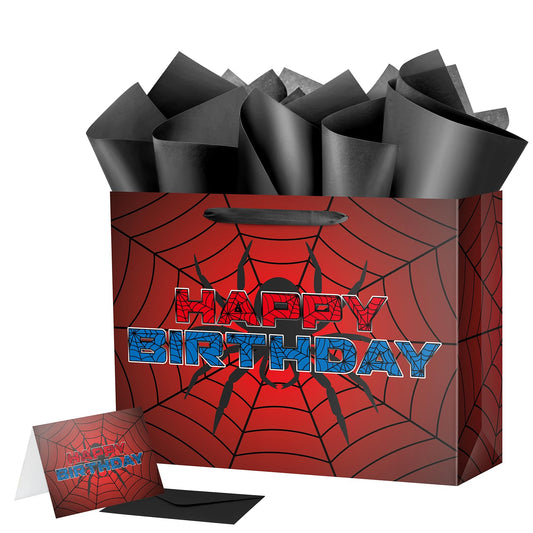Ranfashiong 16" Red Extra Large Spider Birthday Gift Bag for Kids with Tissue Paper and Card, Spider Webs Design Wrapping for Boys, Girls Halloween Party Decor