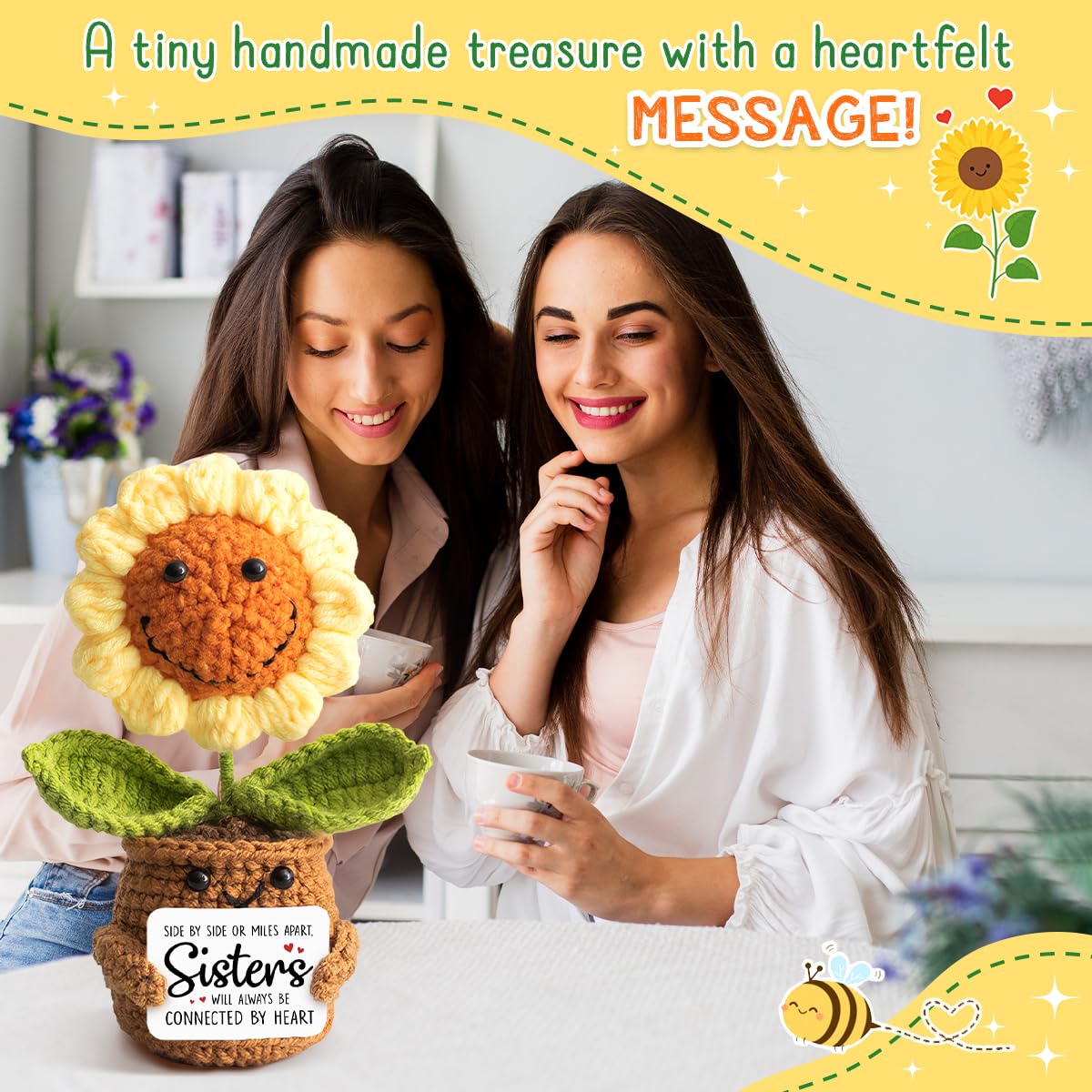 Mothers Day Sister Gifts from Sister - Positive Sunflower Crochet - Side by Side Or Miles Apart Sisters Emotional Support Crochet - Birthday, Graduation, Long Distance Gifts for Women, Soul Sisters