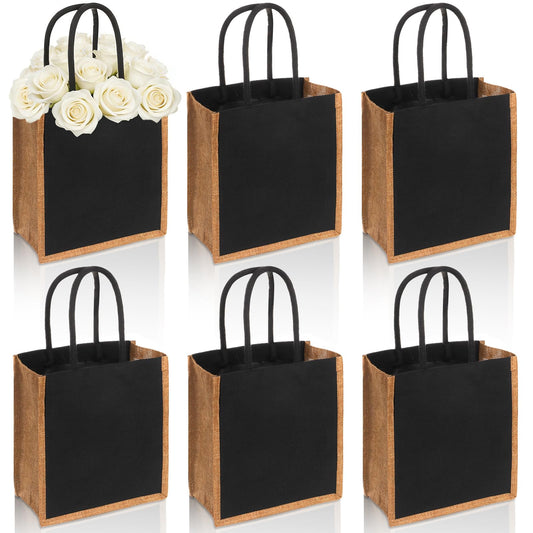 SOUJOY 6 Pack Burlap Tote Bags, Reusable Gift Tote with Handles, Black Jute Beach Bags, Canvas Grocery Shopping Tote for Bridesmaid, DIY, Shopping, Pool, Wedding Bag