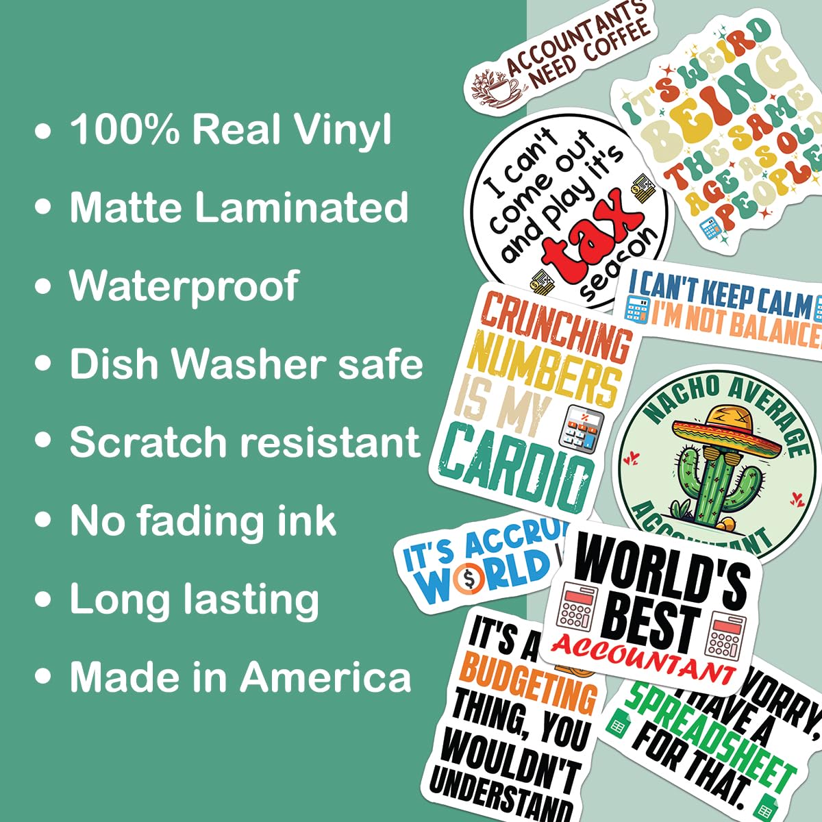 10pcs Accountant Stickers Sheet Funny CPA Gift Tax Season Accounting Spreadsheet Vinyl Decal Multiple Design, Waterproof, UV-Resistant, for Water Bottle, Scrapbook, Laptop, Car (Design 1)