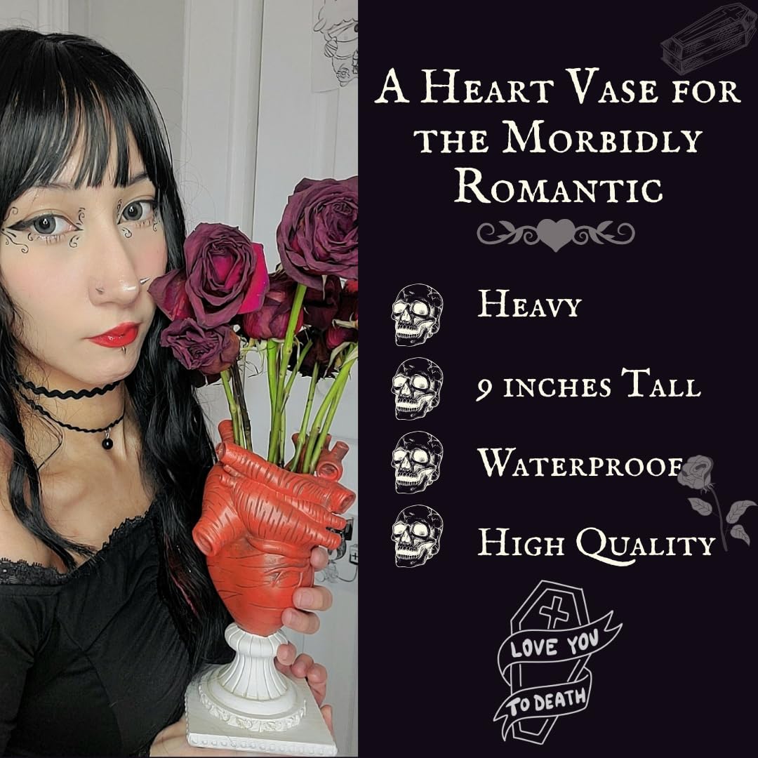 Gothic Anatomical Heart Vase - Valentines Creepy Large Human Heart Shaped Flower Planter - Horror Lovers Halloween Themed Gifts for Adult Women - Edgar Allan Poe Spooky Decor Weird Oddities