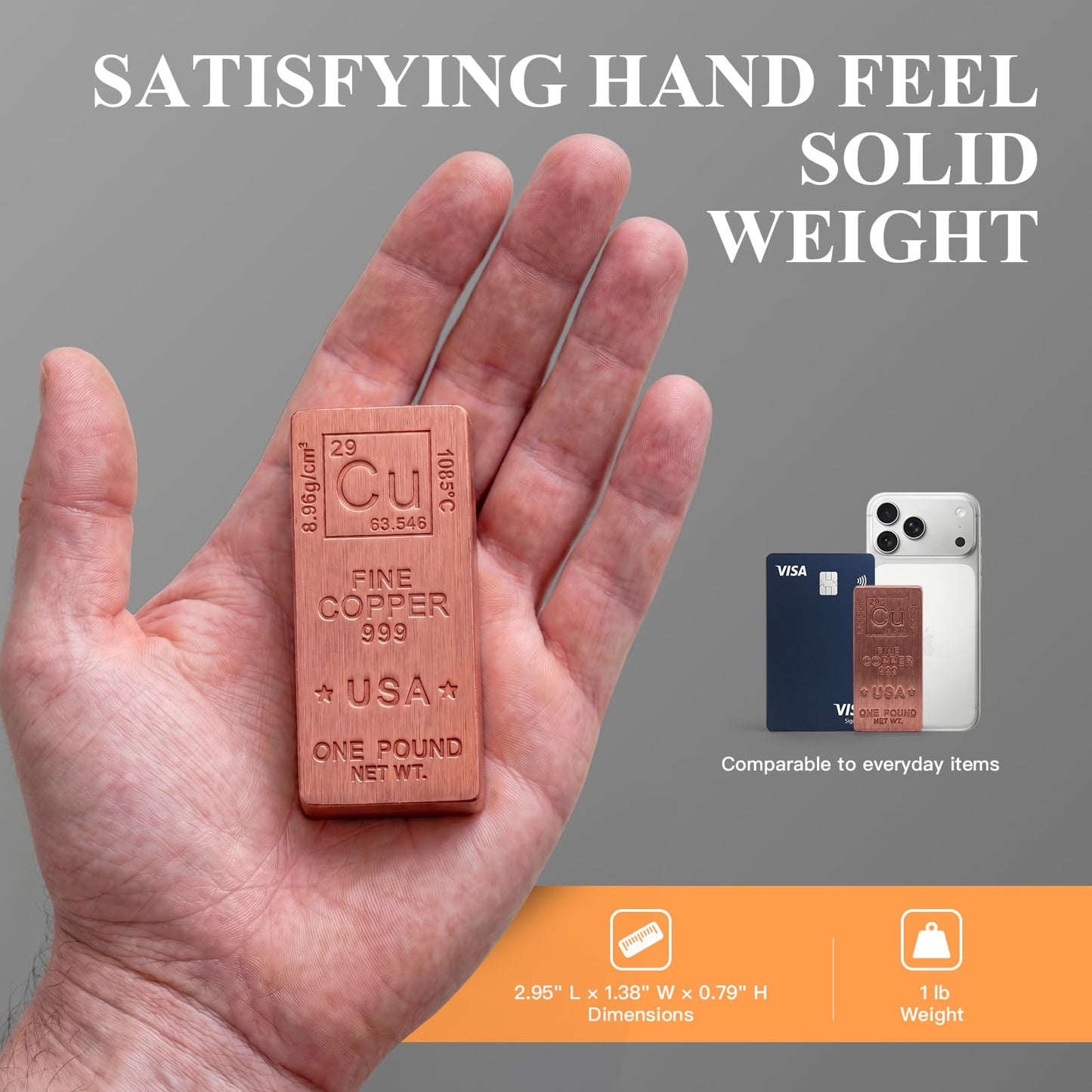 1 Lb Copper Bar .999 Pure Copper Bullion - Solid, Heavy & Beautiful Cu-Designed Ingot - Desk Display, Paperweight, 7th Anniversary Wedding Gift for Him/Her with COA, Gift Box, Pouch & Cloth