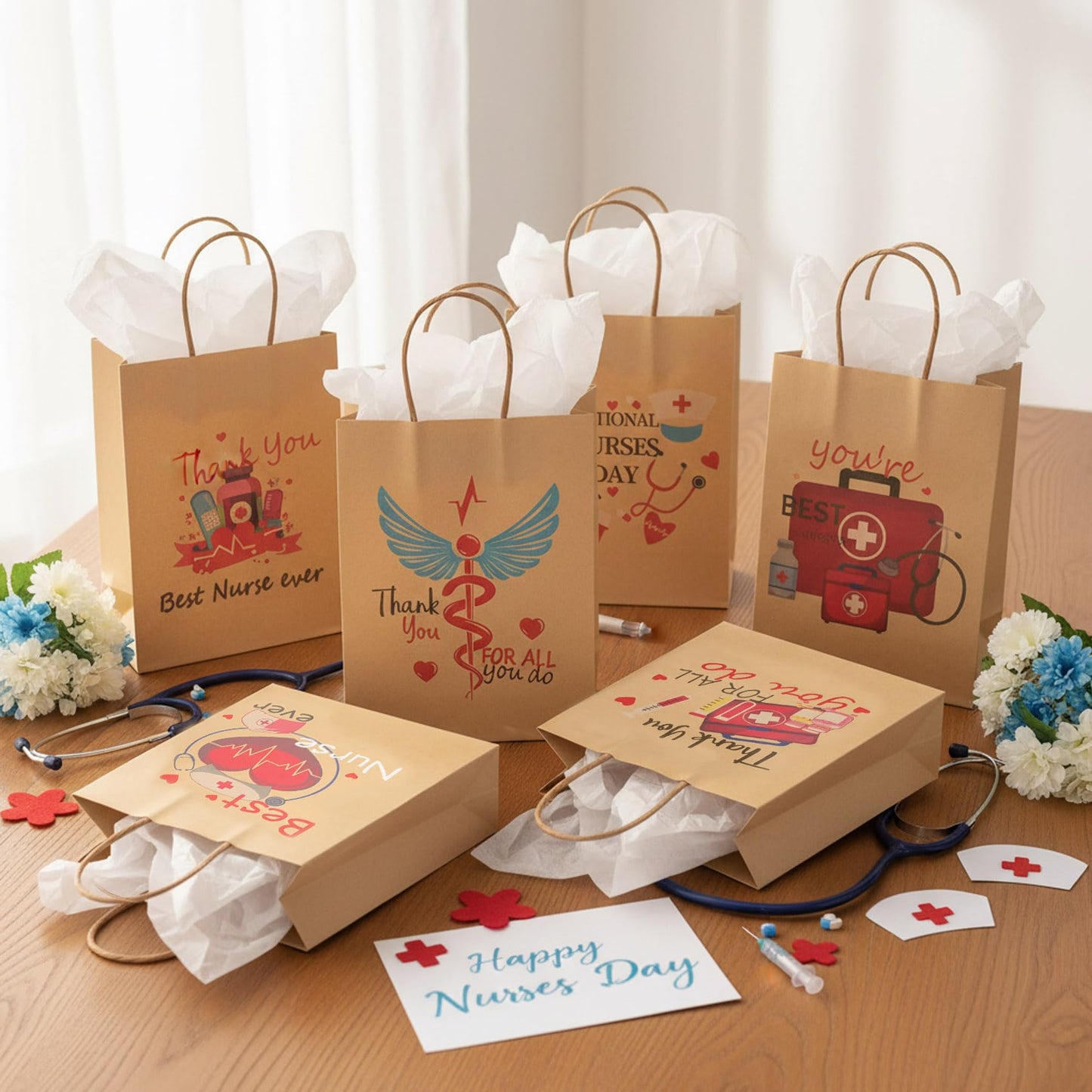 Nurse Gift Bag, 12 Pack Nurse Kraft Paper Treat Bags Nurses Week Gift Wrap Bags Healthcare Worker Goodie Bags Medical Assistant Gifts Bags with Handles for Nursing Day Medical Staff Gifts Supplies