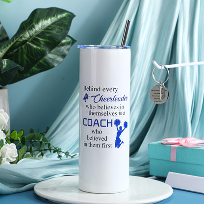 Suclain 2 Pcs Cheer Coach Gifts Set for Women 20 oz Cheerleader Tumbler with Lid Straw and Cheerleading Coach Keychain for Coach Cheerleader Birthday Retirement Gifts(Blue)