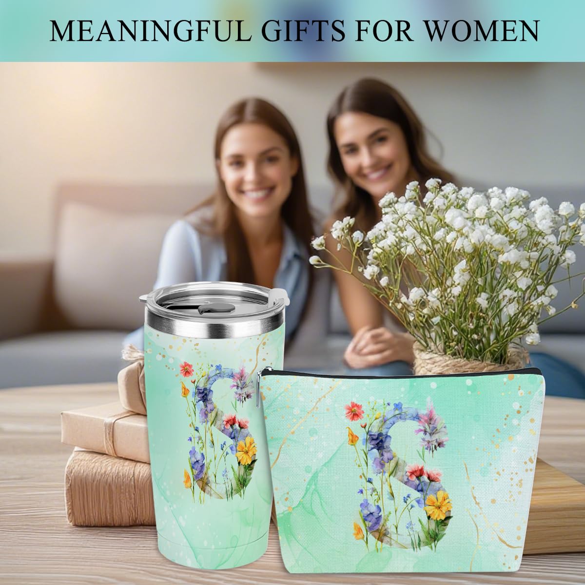 Personalized Gifts for Women Monogrammed Birthday Gifts for Women, Wife Girlfriend Christmas, Initial 20 oz Tumbler, Makeup Cosmetic Bag Cup Pens Journal Notebook 6 Set, (Aesthetic Green Flower S)