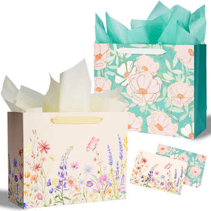 Miakutho 13" Large Gift Bag with Tissue Paper and Card (Floral Design, Gold Foil Accents), 2 Pack Paper Bags with Ribbon Handle for Girls & Women, Birthdays, Baby Shower, Weddings