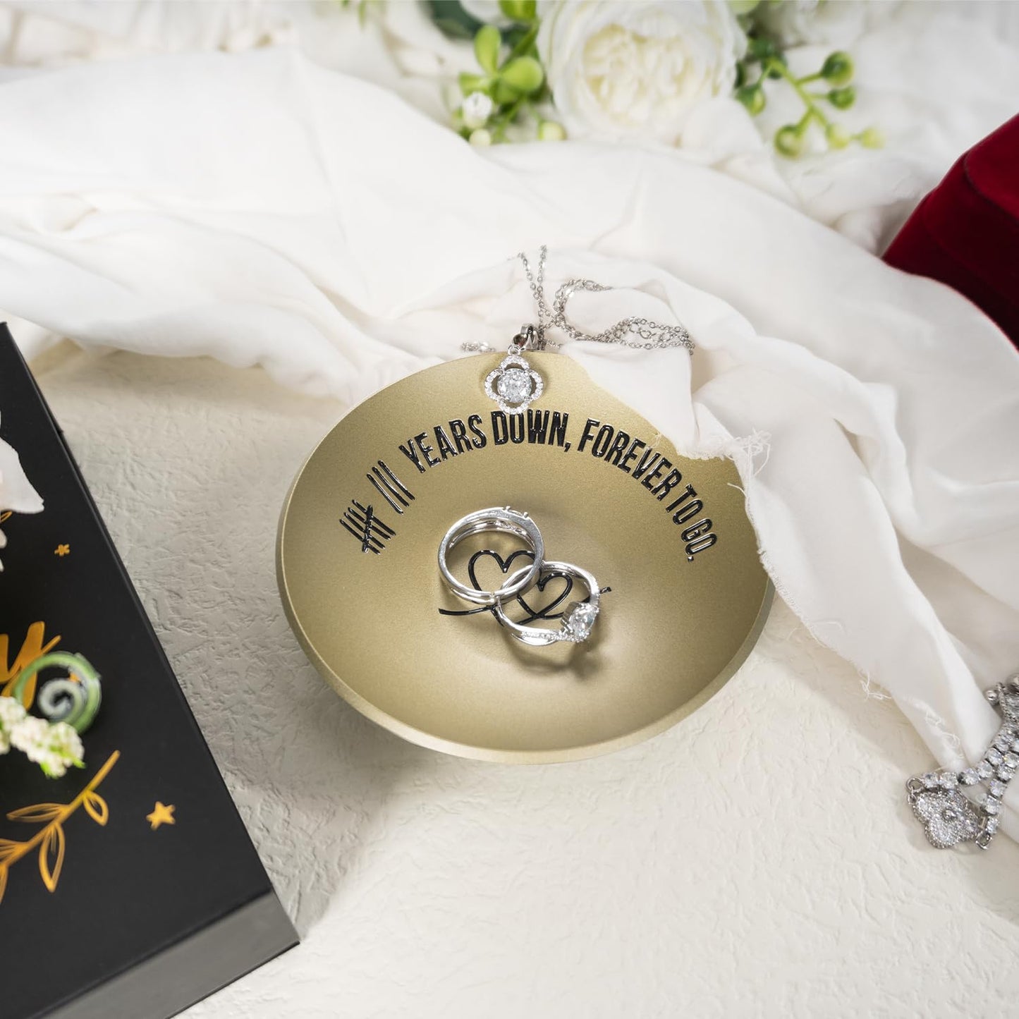 ROINS 8 Year Anniversary Bronze Gifts for Him Her, 8th Wedding Anniversary for Wife Husband, 4" Metal Ring Holder Dish Jewelry Tray - Unique Decoration Ideas Bronze Gift For Men Women Couple