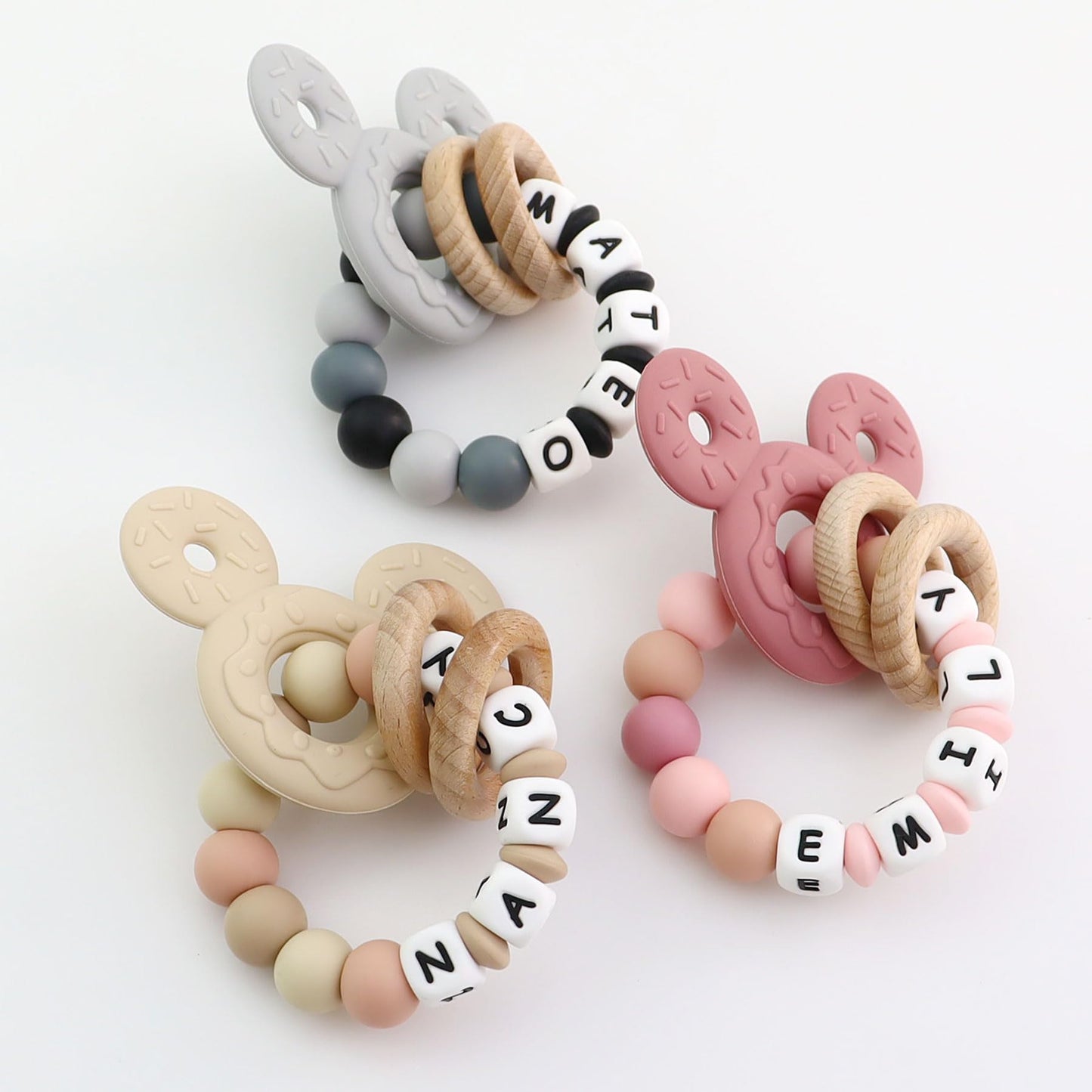 Personalized Baby Teether with Name - Custom Mouse Silicone Teether & Natural Wooden Ring for Boys & Girls - Handmade Unique Baby Shower Gift for Infants & Toddlers (Khaki)