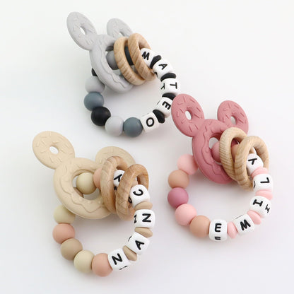 Personalized Baby Teether with Name - Custom Mouse Silicone Teether & Natural Wooden Ring for Boys & Girls - Handmade Unique Baby Shower Gift for Infants & Toddlers (Khaki)