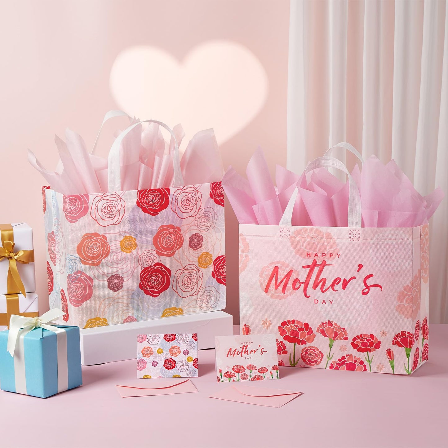 YANGTE 2 Pack 13" Large Mothers Day Gift Bags with Tissue Paper, Reusable Non-Woven Mothers Day Bag with Handle, Elegant Mothers Gift Wrap Bags for Presents, Floral Gift Bags with Cards for Woman, Mom