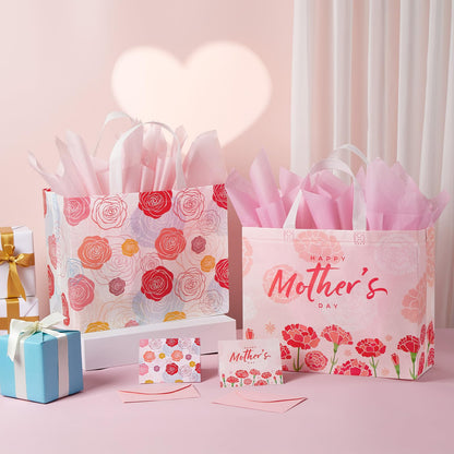 YANGTE 2 Pack 13" Large Mothers Day Gift Bags with Tissue Paper, Reusable Non-Woven Mothers Day Bag with Handle, Elegant Mothers Gift Wrap Bags for Presents, Floral Gift Bags with Cards for Woman, Mom