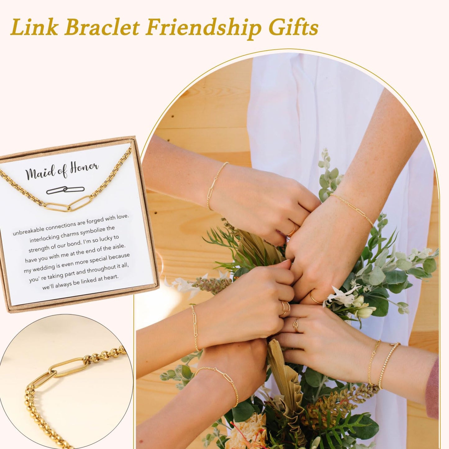 Stainless Steel Link Bracelets for Maid of Honor Bridesmaid, 18K Gold Plated Bracelet Friendship Couples Gifts for Bestie Best Friend