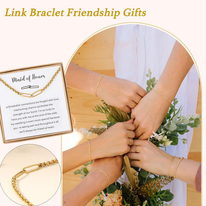 Stainless Steel Link Bracelets for Maid of Honor Bridesmaid, 18K Gold Plated Bracelet Friendship Couples Gifts for Bestie Best Friend