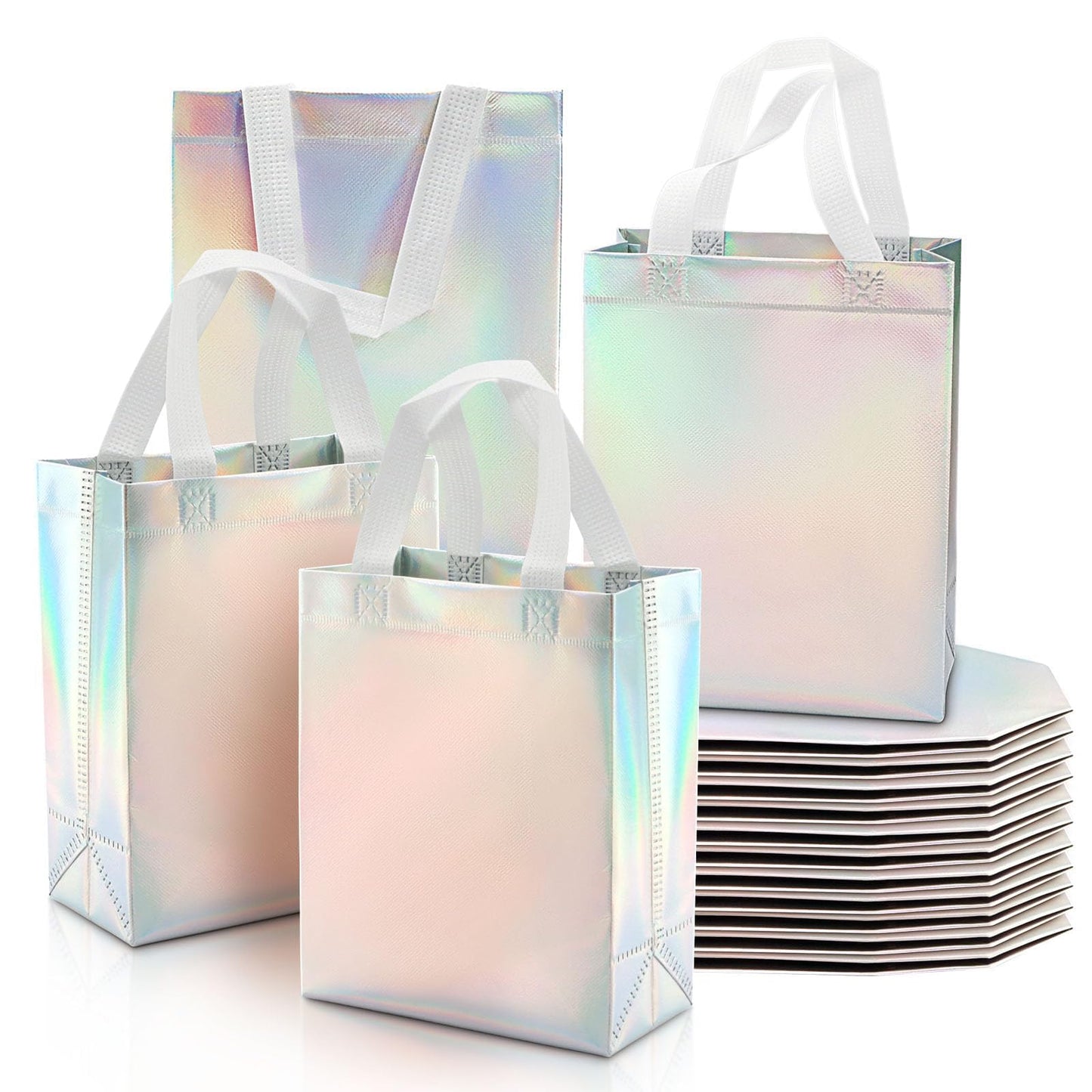 24 Pack Holographic Gift Bags With White Handles Non Woven Reusable Handled Gift Bags Iridescent Tote Bags Glossy Welcome Bags for Shopping Birthday Party Wedding, 8 x 4 x 10 Inch