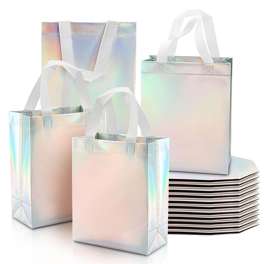 24 Pack Holographic Gift Bags With White Handles Non Woven Reusable Handled Gift Bags Iridescent Tote Bags Glossy Welcome Bags for Shopping Birthday Party Wedding, 8 x 4 x 10 Inch