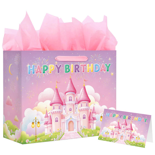 Princess Castle Birthday Gift Bag Set - Includes Card & Tissue Paper, Medium Size 13x10.2x4.9”, Ideal Birthday Bag for Women, Girls, and Kids’ Party