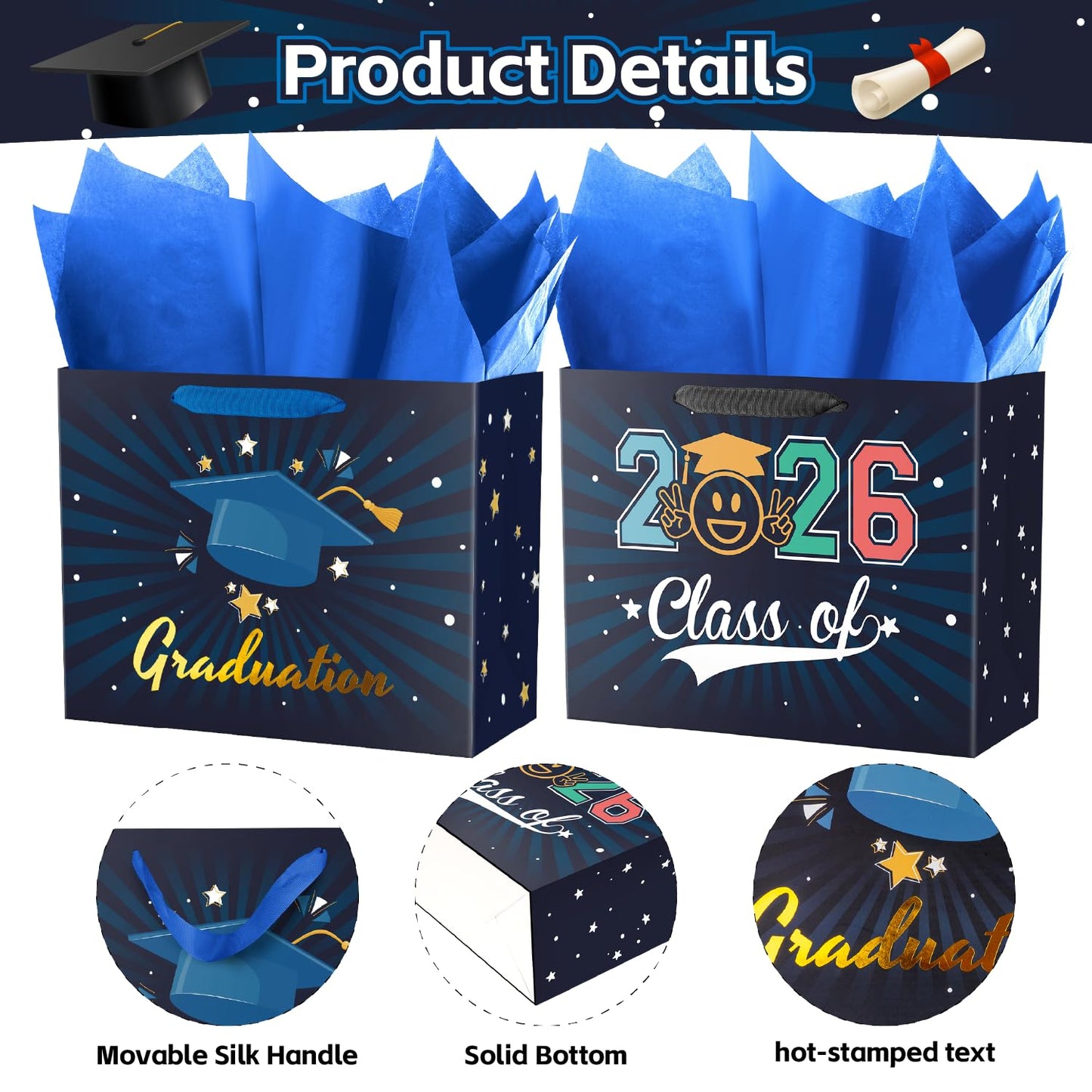 Lyforpyton 2 Pack Large Graduation Gift Bags with Tissue Paper 12.6" Navy Blue Gift Bags for Graduation