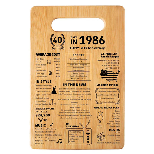 40th Wedding Anniversary Cutting Board Gifts for Women Men Marriage Gifts for Couple 1986 Poster Back In 1986 40th Anniversary Decorations 100% Organic Bamboo Pre Oiled 11"L x 7"W x 0.5"Th