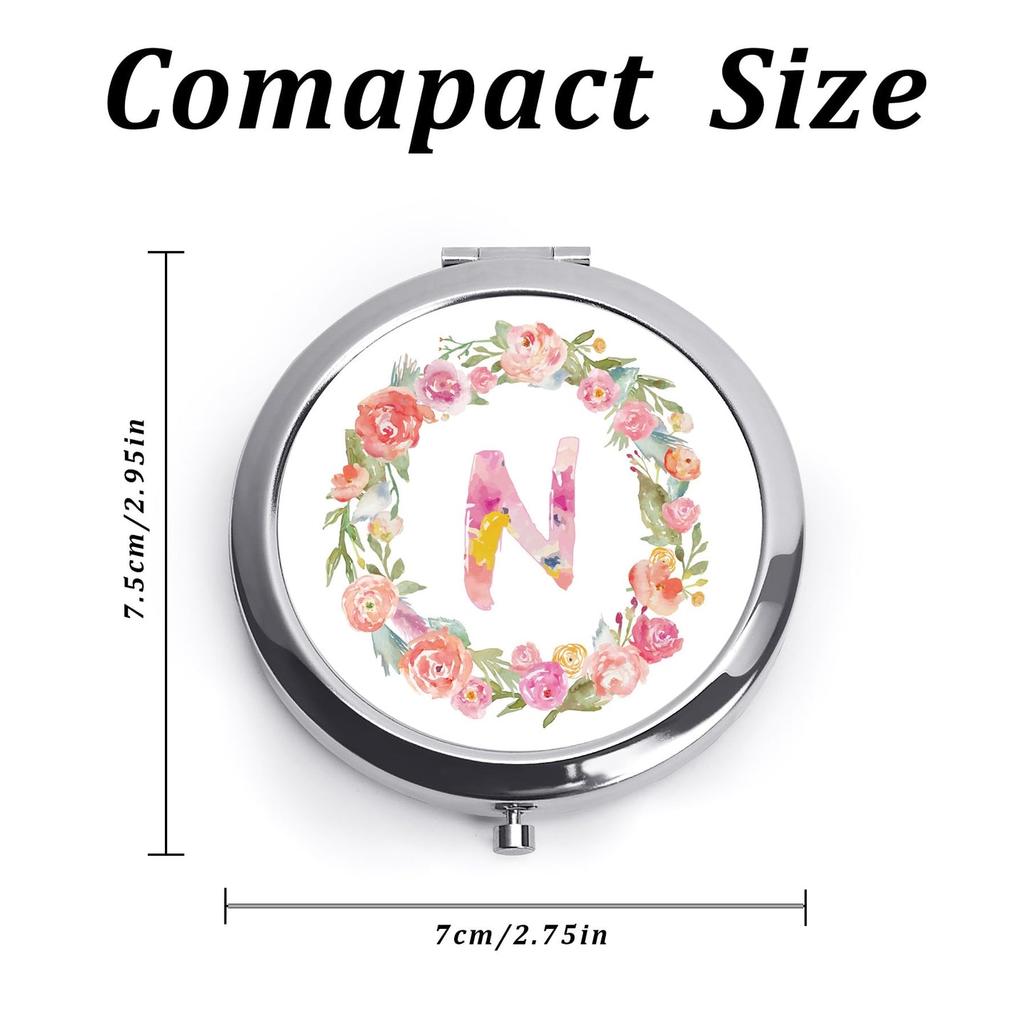 Personalized Gift for Women Girls Her, Custom Gifts for Adult Teen, Floral Monogram Alphabet Initial Compact Mirror for Birthday, Graduation, Mothers Day, Basket Stuffers