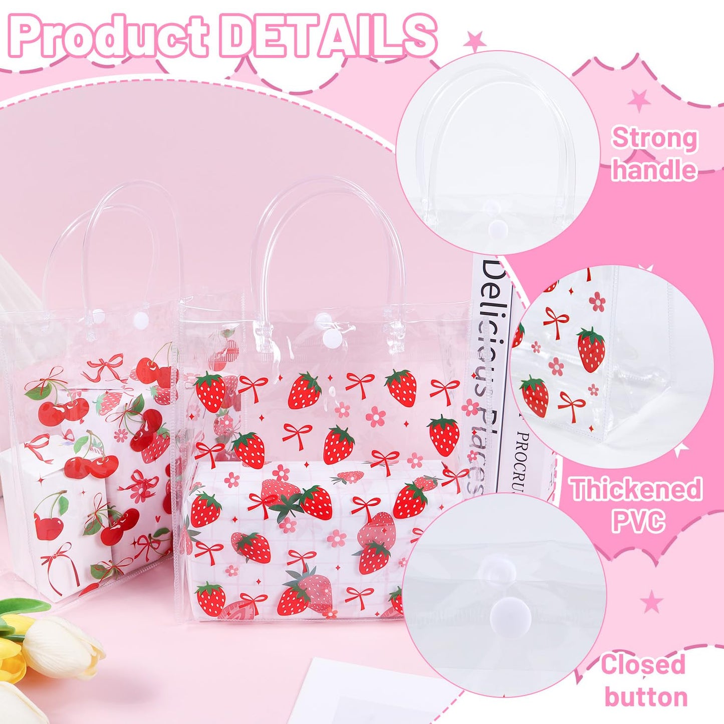 Strawberry Clear Party Favor Bags - Sweet Berry Clear Pvc Goodie Candy Bags Fruit Themed Handbag Party Supplies for Wedding Birthday Baby Shower Valentine's Day Mother's Day