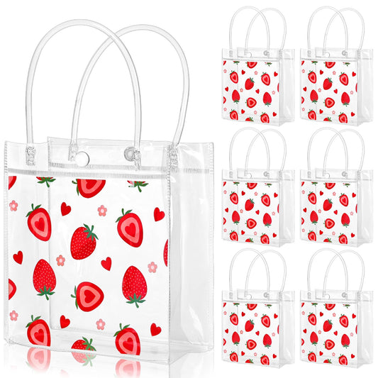 Whaline Strawberry Clear PVC Gift Bags Cute Fruit Party Favor Bags with Handles Red Heart Strawberry Flower Treat Tote Candy Bag for Spring Summer Wedding Birthday Baby Shower Party Supplies, 12Pcs