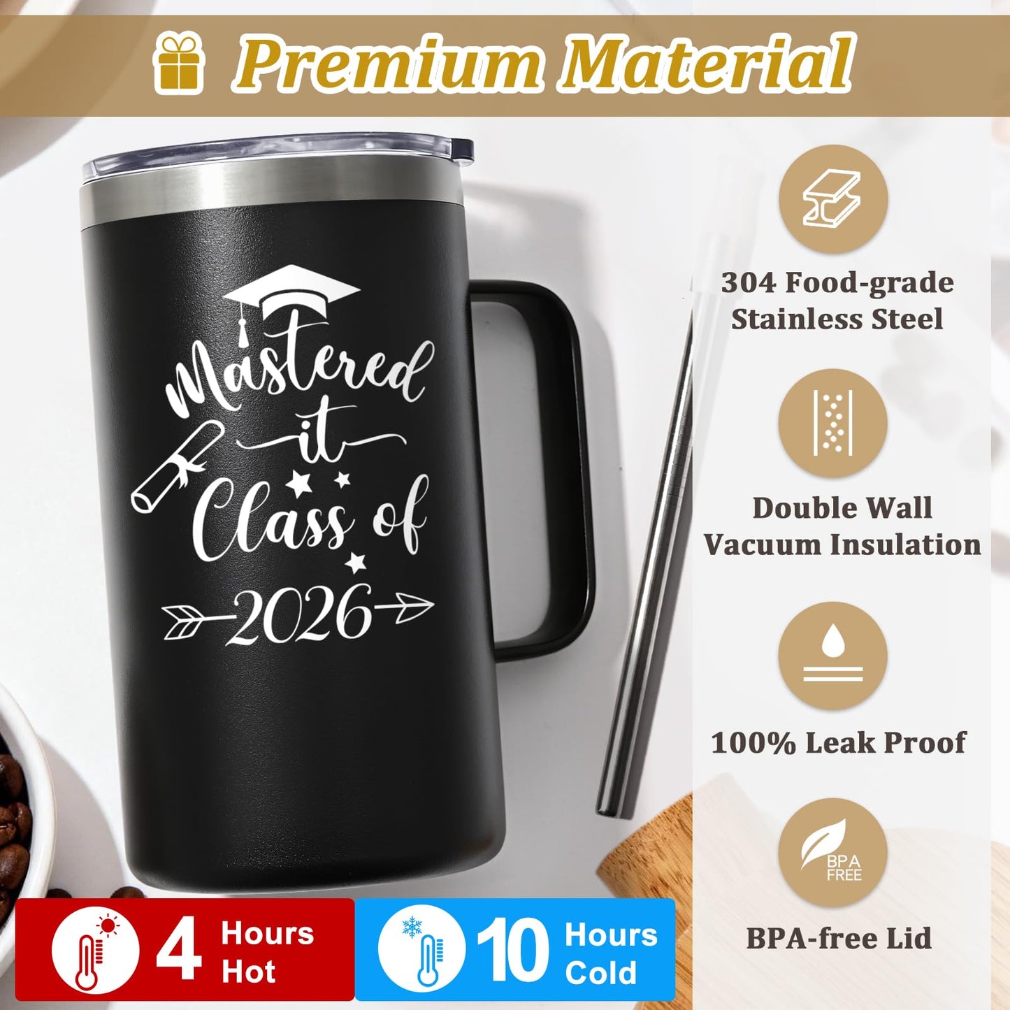 Lifecapido Masters Degree Graduation Gifts, Mastered It Class of 2026 20oz Insulated Coffee Mug with Keychain and Graduation Card, 2026 Graduation Gifts for Graduates, Black