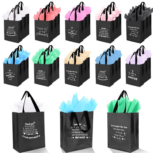40 Pcs Reusable Gift Bags with Handles - Include 20 Iridescent Gift Bags & 20 Tissue Paper - Employee Appreciation Gifts Bulk for Staff, Team, Coworker, Teachers, Nurse, Thank You Gifts (Black)