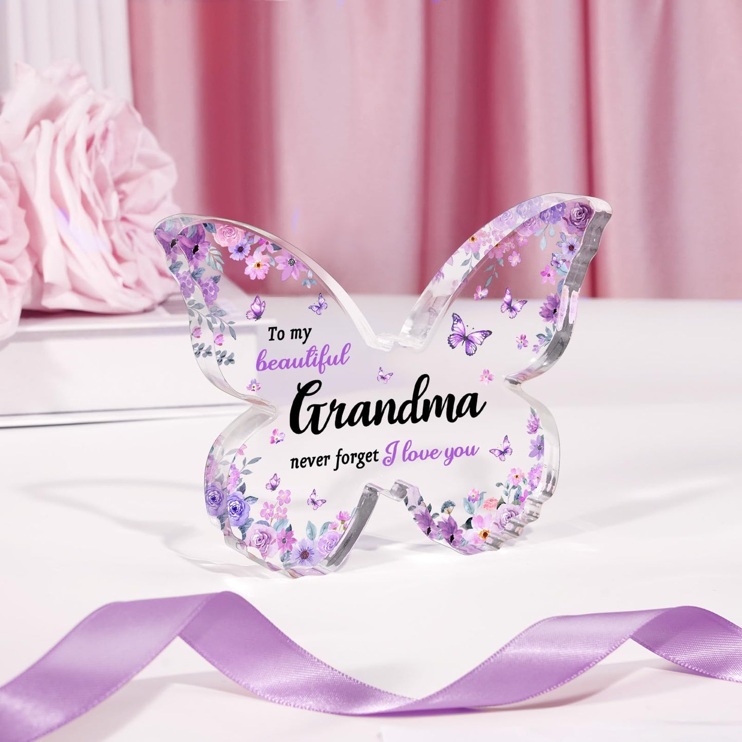 Gifts for Grandma, Grandma Birthday Gifts, Unique Purple Butterfly Acrylic Plaque Desk Decor, Mothers Day Christmas Grandparent Day Gift for Grandmother Nana - 5 x 3.8 x 0.5 inches