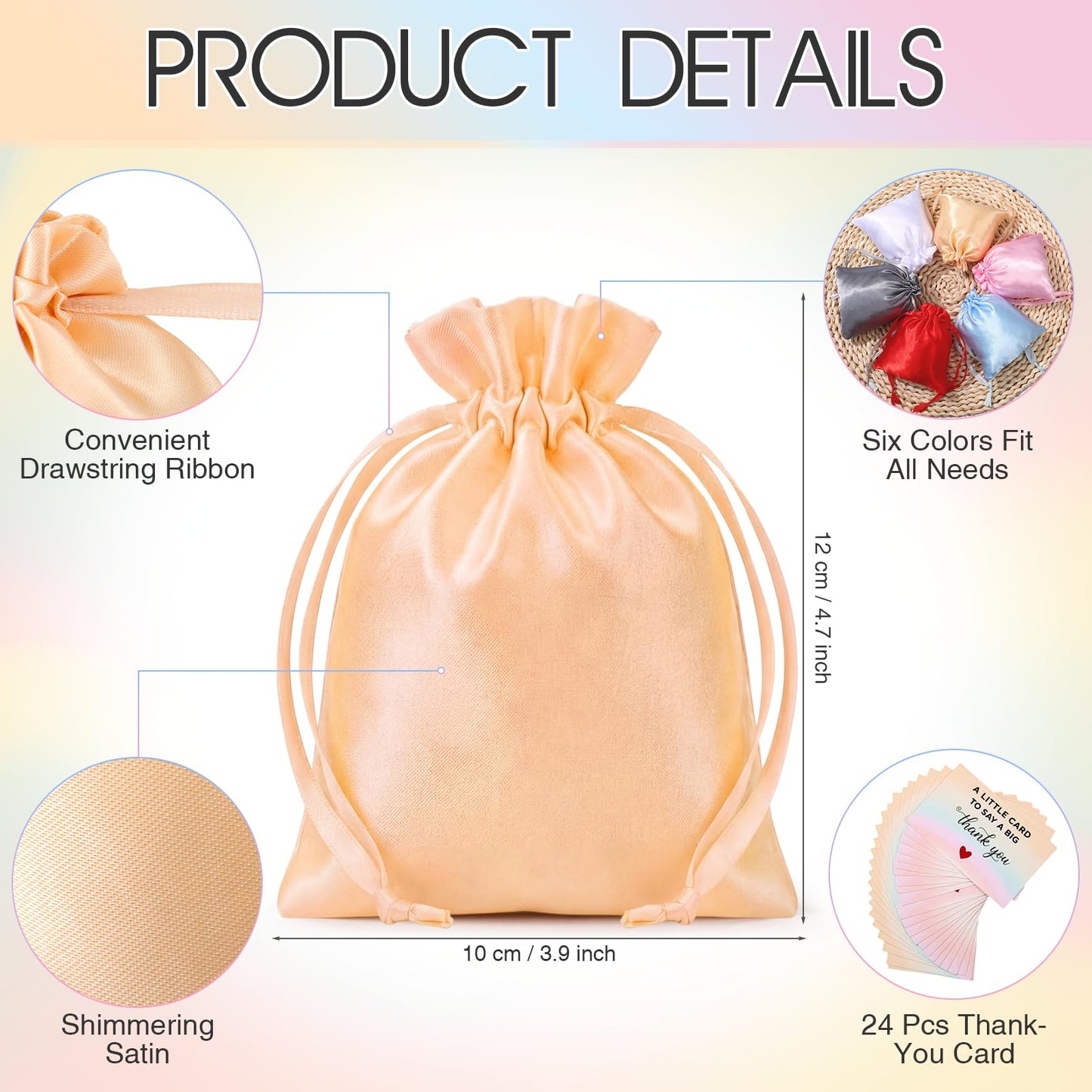 Yoojahow 24 Sets Small Thank You Satin Gift Bags with Card 4x4.7 Inch Drawstring Jewelry Bags Mini Silk Jewelry Gift Pouch Candy Bracelet Pouch for Wedding Bridal Baby Shower Party Multiple Colors