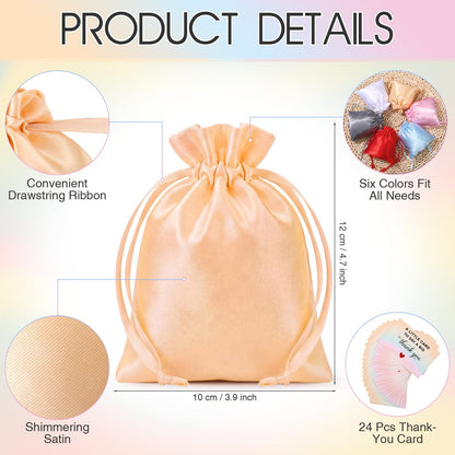 Yoojahow 24 Sets Small Thank You Satin Gift Bags with Card 4x4.7 Inch Drawstring Jewelry Bags Mini Silk Jewelry Gift Pouch Candy Bracelet Pouch for Wedding Bridal Baby Shower Party Multiple Colors