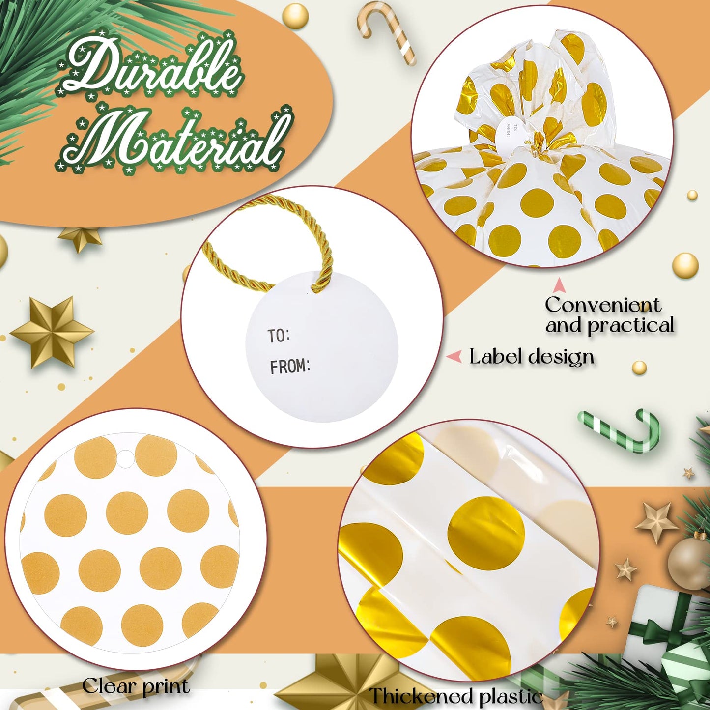 Sabary 2 Pcs 80 x 60 Inch Jumbo Bike Gift Bags Christmas Extra Large Plastic Giant Thicken Bicycle Bag White and Gold Dots Xmas Holiday Bags for Snack Treat Goodies Weddings Birthdays Engagement Party