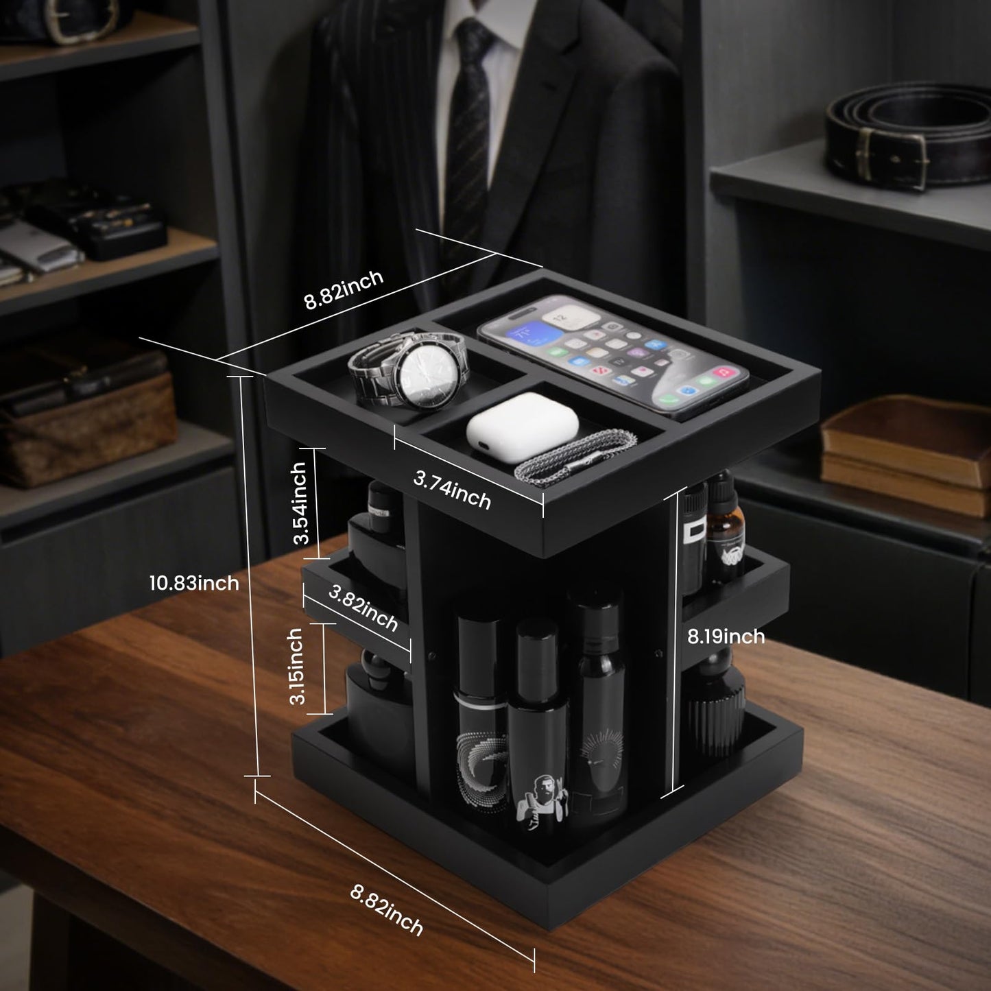 Gift for Men,Mens Organizer,Cologne Stand with Rotate,Mens Accessory Organizers or Valet Tray,Birthday Gift for Dad,Husband,Boyfriend,Anniversary Idea for Him,Watch,Perfume Holder,Fathers Day Gift