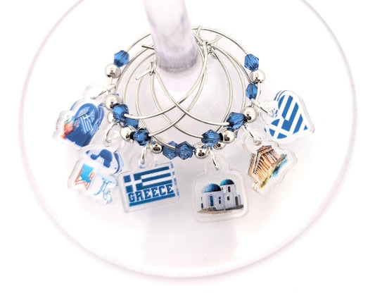 Pixie Greece Wine Glass Charms, Greek Gift 6 Piece Set – Santorini & Parthenon Glass Tag Identifiers, Greek Flag, Greece Theme Party Favors - Acrylic