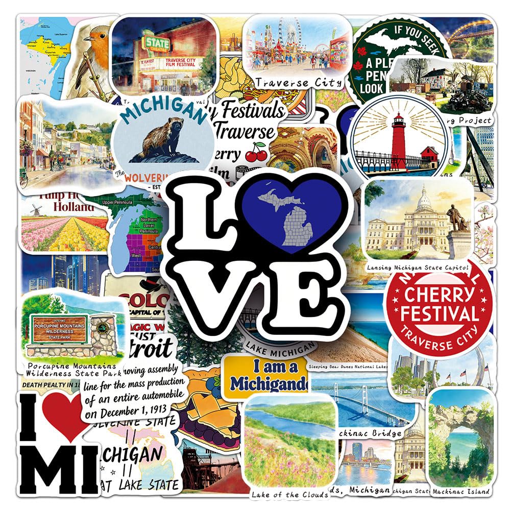 Michigan State Stickers |53Pcs Michigan MI Travel Waterproof Vinyl Decals for Water Bottles Laptop Luggage Cup Computer Mobile Phone Skateboard Guitar Helmet Snowboard Décor