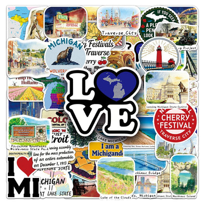 Michigan State Stickers |53Pcs Michigan MI Travel Waterproof Vinyl Decals for Water Bottles Laptop Luggage Cup Computer Mobile Phone Skateboard Guitar Helmet Snowboard Décor